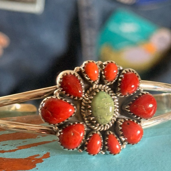 Beautifully Crafted Coral and Green Turquoise Cuff Bracelet 
Sterling Silver - Picture 5 of 7